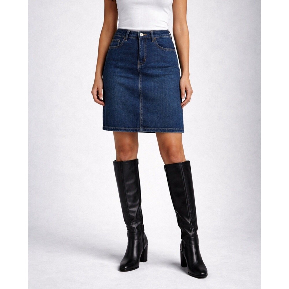 Talbots Skirt Women's Size 16 Denim Knee Length Front Slit Dark Blue Western